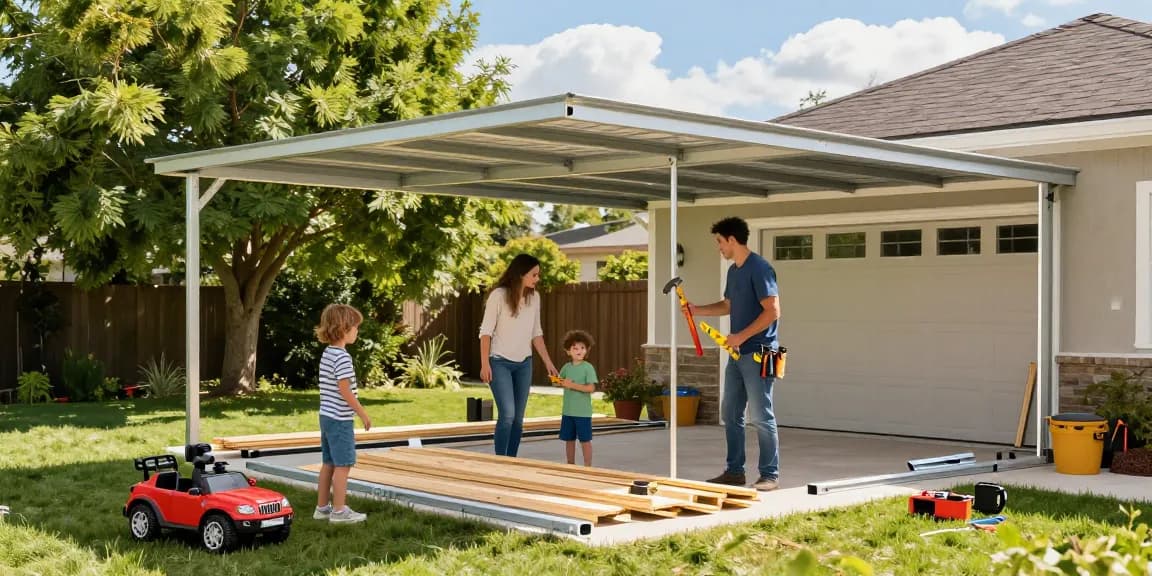 Familie installiert einen Carport im Garten mit Werkzeugen und leuchtenden Bäumen.