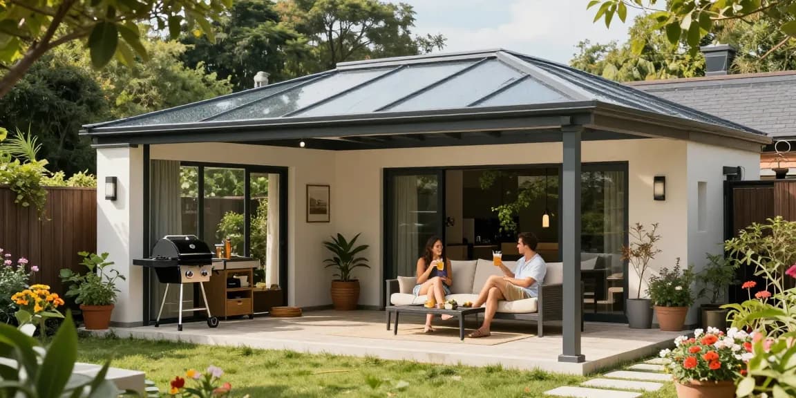 Moderne freistehende Terrassenüberdachung schützt bei Sonne und Regen.