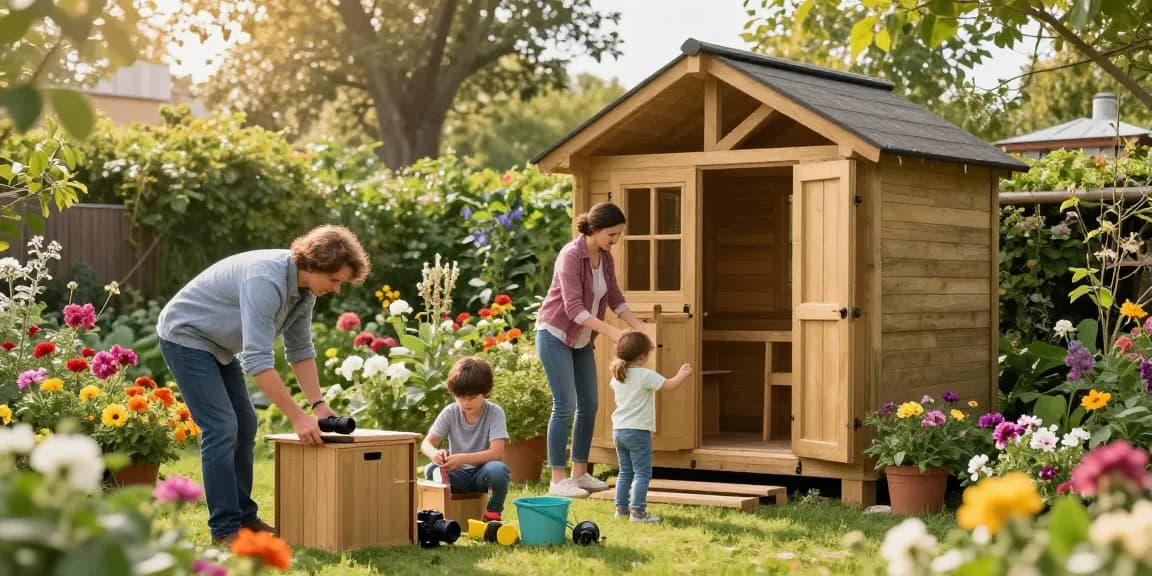 Familie mit einem neuen Gartenhaus, Möbel werden zusammengebaut, in buntem Garten mit Blumen.