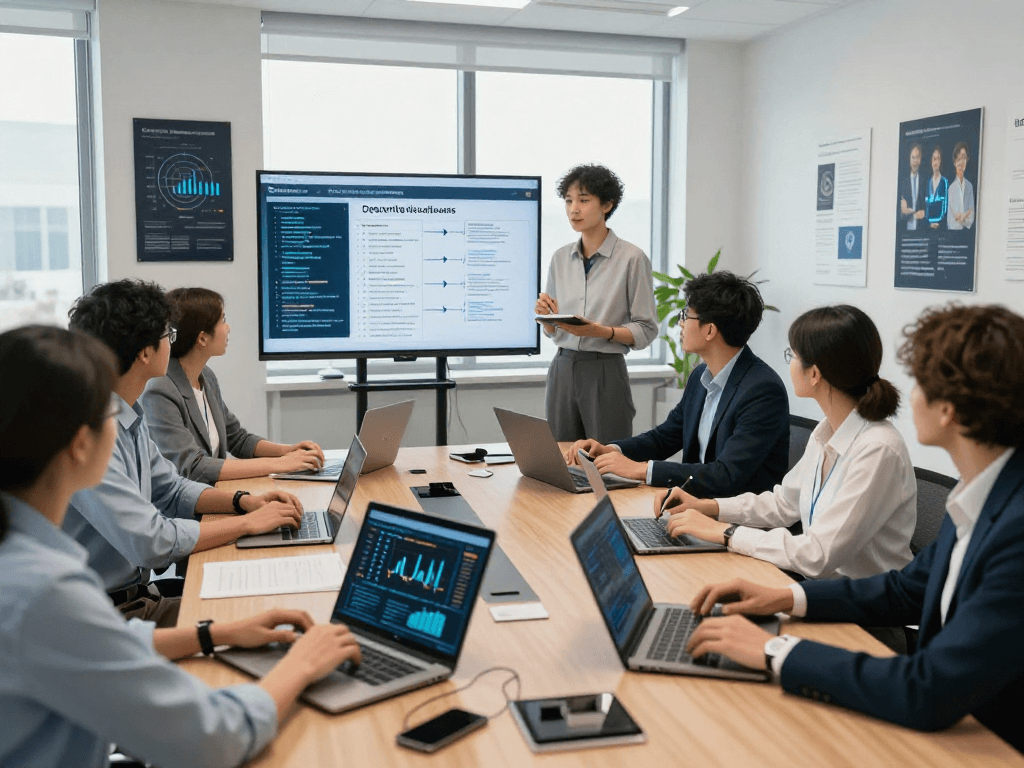 Daten- und IT-Sicherheitsdienstleistung: IT-Sicherheitsteam bei strategischer Besprechung.