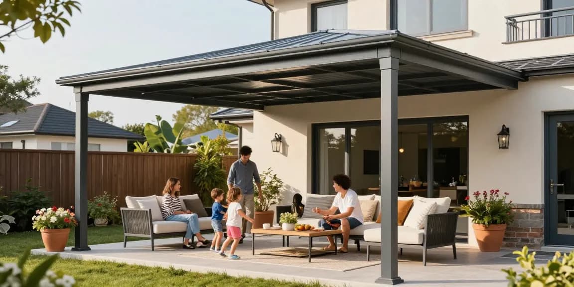 Terrassenüberdachungen in einem modernen Gartenszenario mit Familie und Blumen.